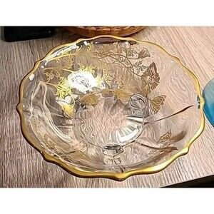 Silver City Glass Co. 22k Gold Overlay Footed Candy Bowl Flanders Pattern 1950